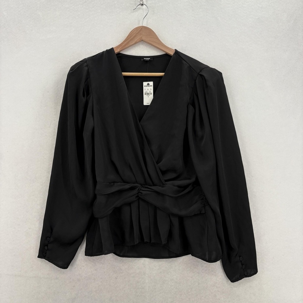 Express Blouse Womens Medium Black Wrap V Neck Long Puff Sleeve Tie Waist NWT
